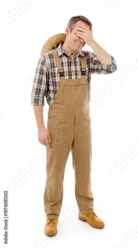 Farmer covering face, seemingly hesitant or overwhelmed.