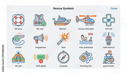 Rescue symbols collection featuring lifeboat, helicopter, first aid, and more