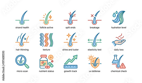 Hair care icons: follicle health, breakage indicators, hydration, and growth tracking