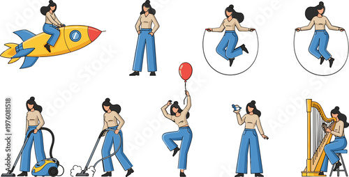 Modern Woman Daily Activities Set with Cleaning, Riding Rocket, Walking Dog, Holding Balloon, and Playing Harp Illustration Lifestyle Character Vector Design