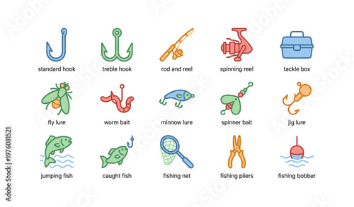 Fishing equipment icon set featuring hooks, lures, and tools