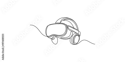 continuous line drawing of a virtual reality headset and controllers goggles gaming technology art illustration