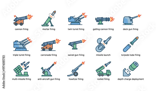 Artillery icons collection featuring cannons, missiles, and gun firing designs