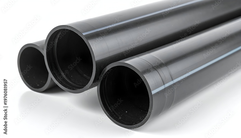 Fototapeta premium Three cylindrical objects with smooth, dark surfaces, varying in diameter, arranged in a stack, isolated on white background