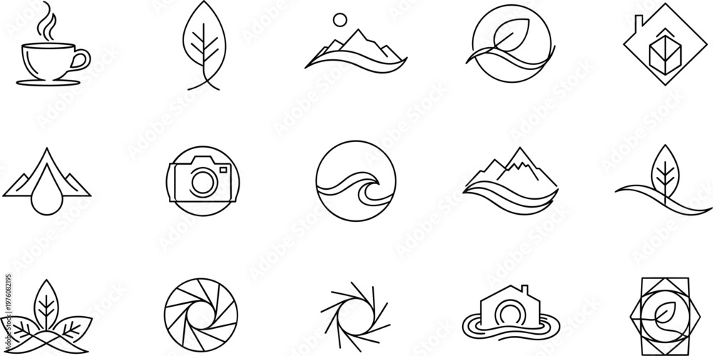 Obraz premium Minimal nature and landscape line icons set with mountains leaves waves camera and eco symbols modern outline vector illustration collection design