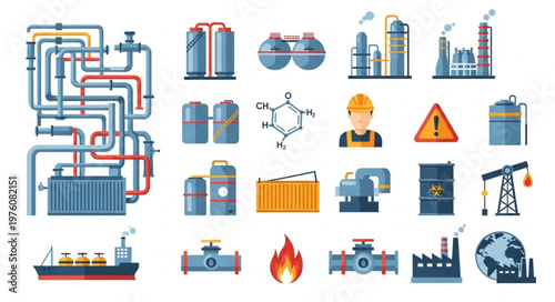 Oil and Gas Industry Icons - Production, Processing, and Transportation.