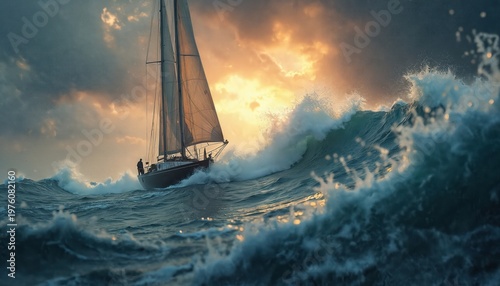 Sailboat navigates stormy ocean waves during sunset. Lone sailor braves rough sea, challenging weather conditions, facing dramatic seascape. Adventure, danger and power of nature concept.