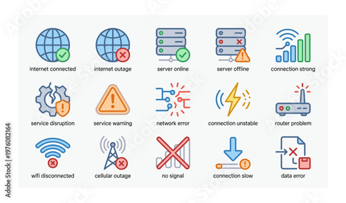 Internet and network status icons highlighting connectivity and service issues