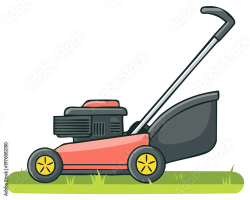 Stylized lawn mower illustration on green grass for garden maintenance jobs