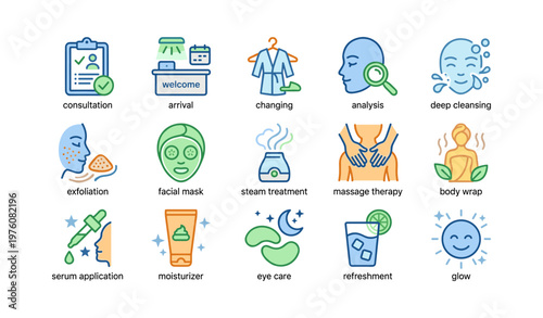 Spa treatment icons set featuring skincare and relaxation remedies