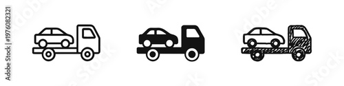 Car on Tow Truck Icon Set - Vehicle Transport and Auto Breakdown Service Symbols