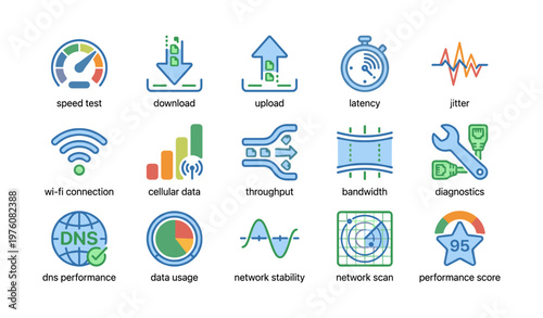 Network diagnostics icons: speed, latency, bandwidth, wi-fi, data usage