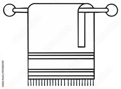 Hanging Bath Towel Outline with Stripes and Fringes, Isolated on White