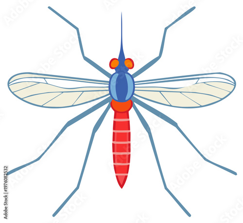 Stylized Mosquito Illustration with Blue Body, Red Abdomen, and Pale Wings, Isolated Insect