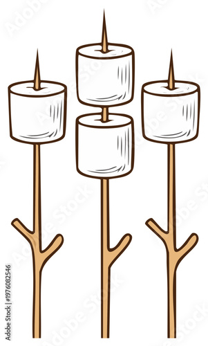 Three marshmallow sticks with white marshmallows ready for roasting over a campfire