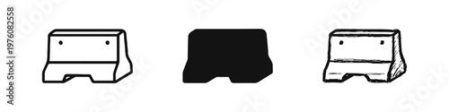 Road Barrier Icon Set in Outline, Solid, and Hand-Drawn Styles. Construction Barricade Symbols for Traffic Safety.