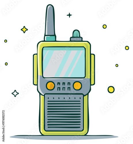 Vibrant cartoon walkie-talkie illustration for portable communication. Yellow two-way radio device.