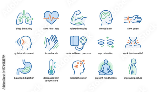 Health benefits of relaxation techniques illustrated through simple icons