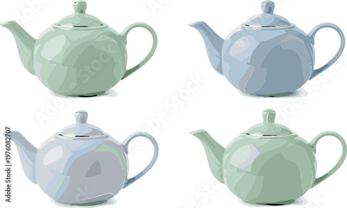 Pastel Teapot Set in Soft Green and Blue Colors for Modern Tea Time and Kitchen Decor Illustrations