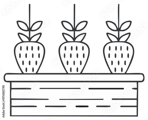 Row of growing strawberries in a wooden planter box, minimal line art icon