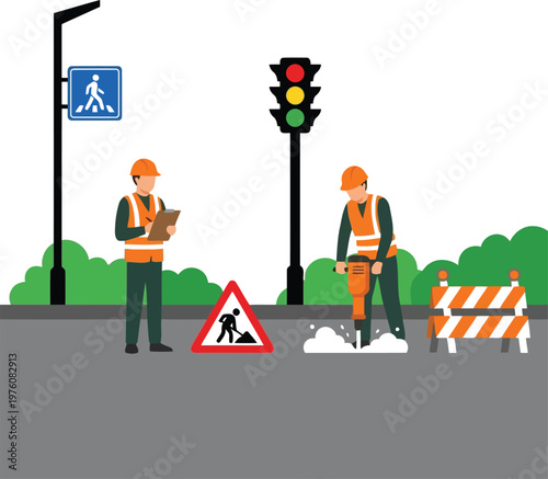 Construction site illustration with safety signs and workers vcector.