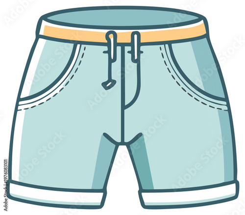 Cute light blue casual shorts with a yellow drawstring waistband and folded leg cuffs vector illustration.