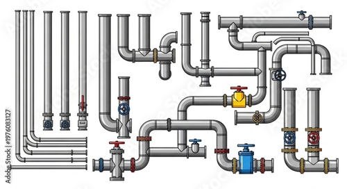 Detailed Illustration of a Complex Plumbing System with Pipes and Valves.