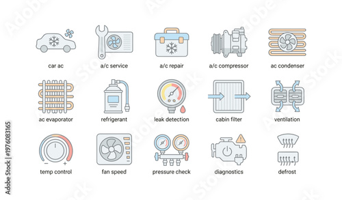Car air conditioning system components and maintenance tools icons set