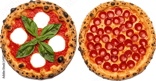 Pizza Set with Margherita and Pepperoni Toppings on Crispy Crust for Food, Culinary, and Restaurant Illustration Designs