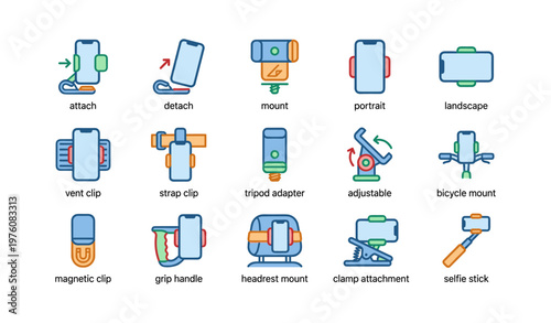 Smartphone holder types: attach, mount, vent, strap, clip, tripod, adjustable, bicycle, magnetic, grip, headrest, clamp, selfie stick