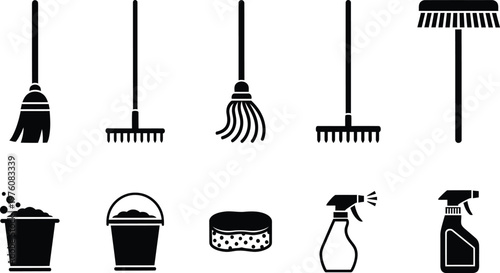 Cleaning tools collection brooms buckets sprayers and cleaning supplies icon set