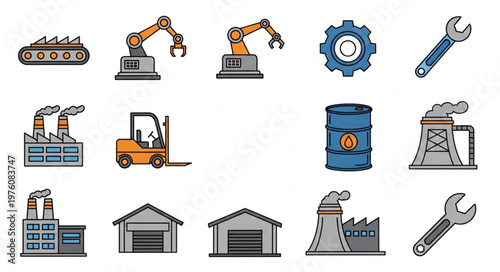 Industrial Icons - Factory, Machinery, and Manufacturing Elements.