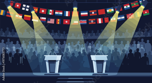 International political debate stage with podiums and world flags, global summit conference arena with spotlights, crowd silhouettes at diplomatic event