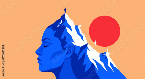Surreal conceptual vector of a woman profile merging with a mountain peak, person standing on the summit, mental health and ambition concept