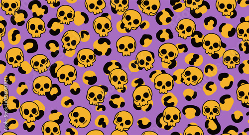 Halloween leopard print seamless pattern with skulls, spooky animal print background in purple and orange, gothic skull repeat vector for textiles