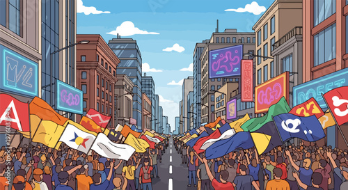 Comic style city parade with crowd and colorful flags. Urban street festival with people and banners. Cartoon metropolitan celebration vector illustration.