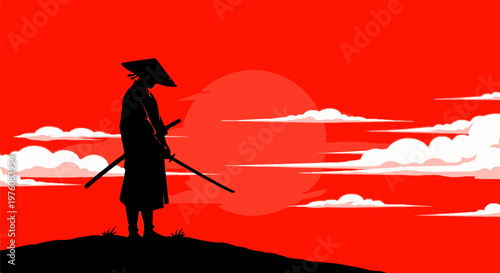 Japanese samurai silhouette vector, ronin warrior with katana sword at sunset, traditional bushido aesthetic with red sun and clouds