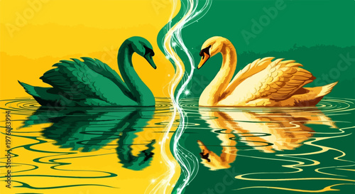 Vintage style swan illustration with green and gold birds, elegant waterfowl reflection on lake, dual color swan vector art for luxury branding
