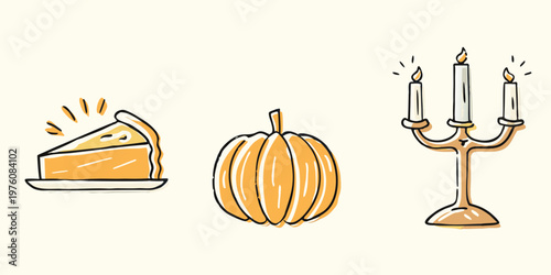 Autumn still life featuring pumpkin pie and a three candle candelabra