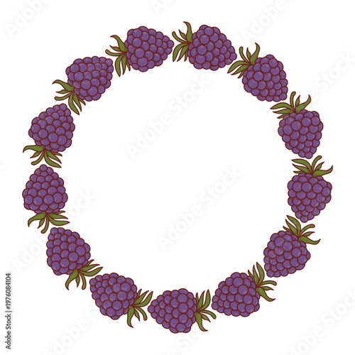 Round Wreath Frame with Purple Blackberries. Botanical Forest Wild Berry Circle Border. Organic Fruit Template with Empty Copy Space. Vector Illustration.