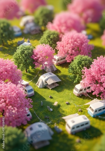 Aerial view of a serene campsite with rvs and tents surrounded by vibrant pink cherry blossom trees on a sunny day in a lush green meadow