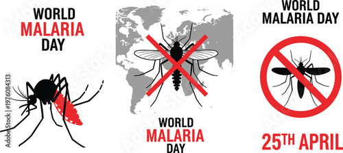 World Malaria Day Illustration with Mosquito Icons and Red Cross Symbol for Raising Awareness on Malaria Prevention