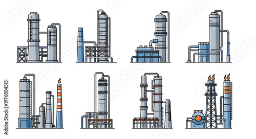 Illustrations of Industrial Chemical Plants and Processing Towers.