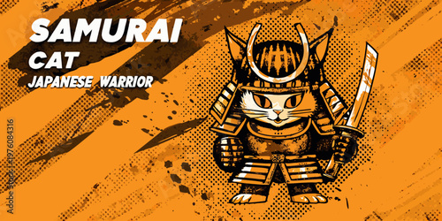 A stylized samurai cat warrior illustration with bold orange and black tones