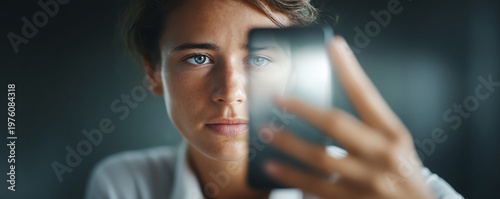 Close view of young woman with serious expression holding smartphone, focused eyes, natural light, indoor, technology emotion