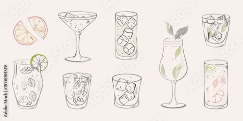 Collection of hand drawn cocktail glasses with citrus fruit and mint