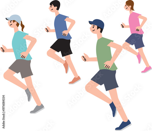 若い男女が楽しげにランニング、ジョギングしているイラスト

