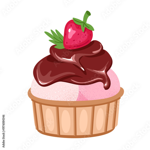 Ice cream with two scoops and chocolate topping, strawberries and mint leaf in a waffle cup. Summer sweet dessert. Illustration isolated on white background.