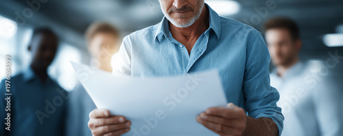 Mature man reading document in office, focused expression, business meeting, teamwork, professional environment, blurred colleagues in background