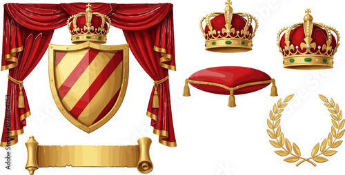 Royal Crown, Shield, Velvet Curtain, and Laurel Wreath Set, Prestige, Luxury, Royal Emblem, Noble Symbol, Crowned Victory, Vector Icons for Noble and Regal Designs